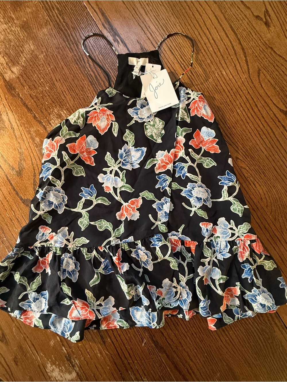 Joie Black Floral Tiered Tank Top with Ruffle Hem